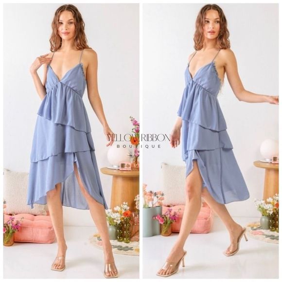 🆕 LAYERED MIDI DRESS W/ V-NECK & RUFFLES | BLUE - Picture 2 of 4